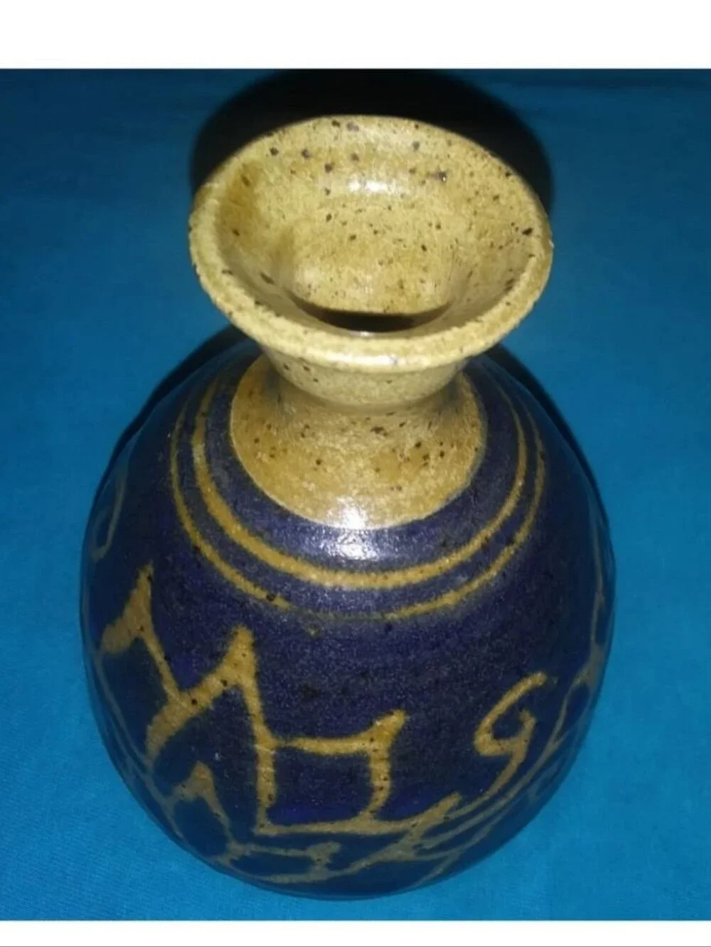 Handmade Pottery Vase in Deep Blue and Speckled Tan